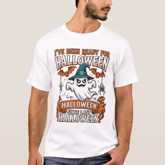 Ready Halloween Ghost Witch Hat Bats Spiders T-Shirt (Front)