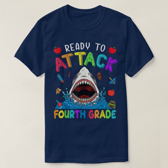 Ready To Attack Fourth Grade Shark Back To School  T-Shirt (Design Front)