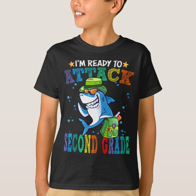 Ready To Attack Second Grade Shark Back School  T-Shirt (Front)