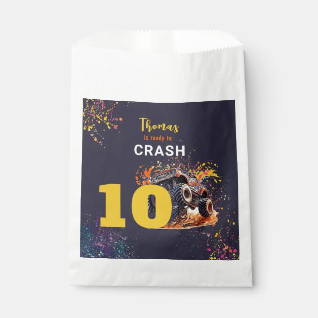 Ready to crash monster truck dark birthday favour bag (Front)