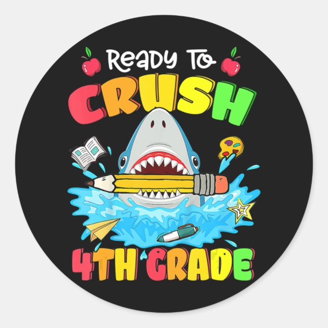 Ready To Crush 4th Grade Shark Back To School Boys Classic Round Sticker (Front)