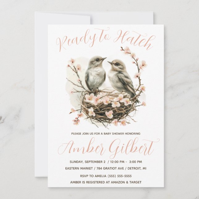 Ready to Hatch, Birds in Nest Baby Shower Invitation (Front)