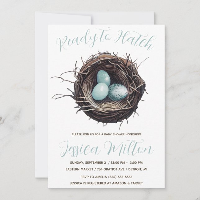 Ready to Hatch, Birds' Nest, Eggs Baby Shower Invitation (Front)