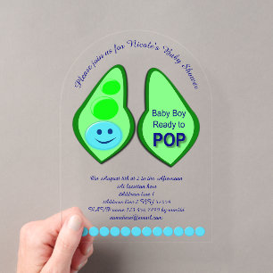Ready to Pop Baby Boy Blue Pea Baby Shower Custom Acrylic Invitations