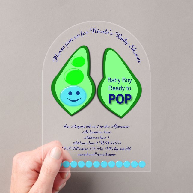 Ready to Pop Baby Boy Blue Pea Baby Shower Custom Acrylic Invitations (Insitu (Handheld))