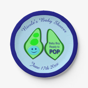 Ready to Pop Baby Boy Blue Pea Custom Baby Shower Paper Plate