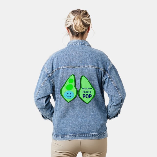 Ready to Pop Baby Boy Blue Pea Gender Reveal Denim Jacket (Model)