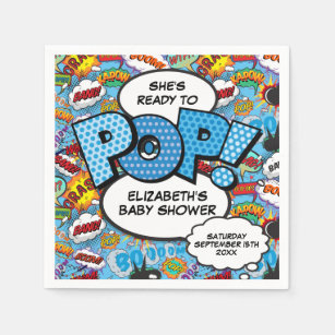 Ready to Pop Baby Shower Blue Comic Book Napkin