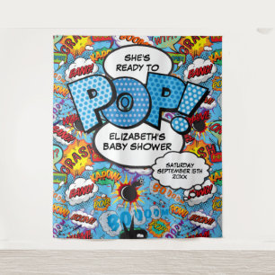 Ready to Pop Baby Shower Blue Photo Backdrop Tapestry