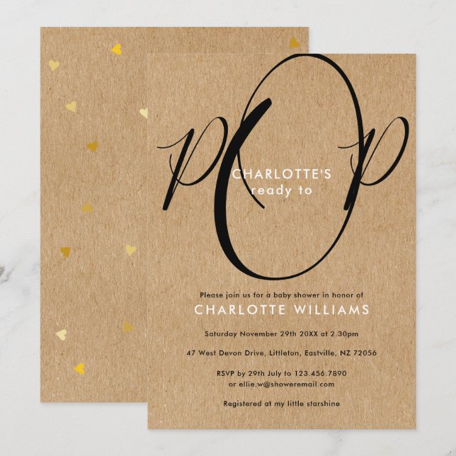 Ready to Pop Baby Shower Chic Script Rustic Kraft Invitation (Front/Back)