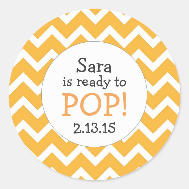 Ready to Pop Baby Shower Favour / orange chevron Classic Round Sticker (Front)