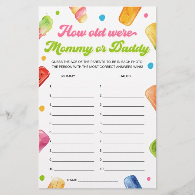 Ready to Pop Baby Shower Guess the Age Game (Front)