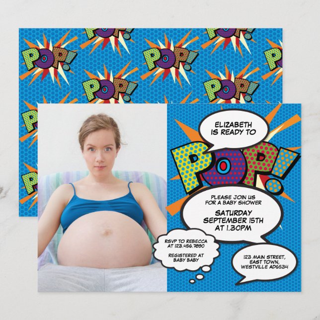 Ready to Pop Baby Shower Modern Fun Boy Blue Photo Invitation (Front/Back)