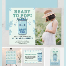 Ready to Pop Baby Shower Photo Blue Kawaii
