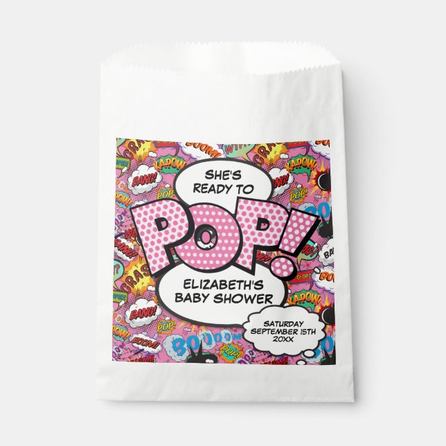 Ready to Pop Baby Shower Pink Comic Book Favour Bag (Front)