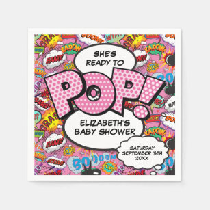 Ready to Pop Baby Shower Pink Comic Book Napkin