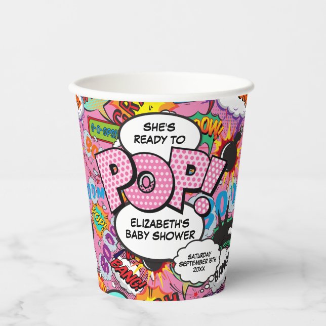 Ready to Pop Baby Shower Pink Comic Book Paper Cups (Front)