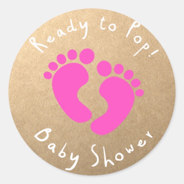 Ready to Pop Baby shower Pink footprints Classic Round Sticker (Front)