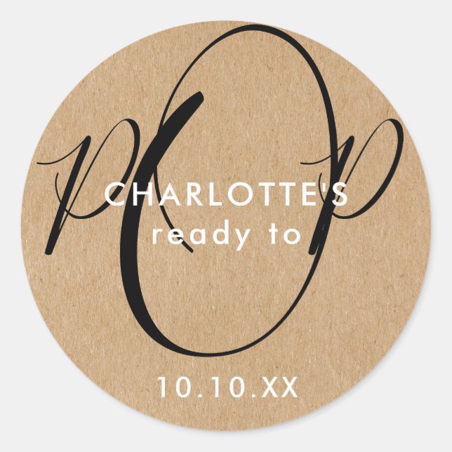 Ready to Pop Baby Shower Rustic Kraft Chic Script Classic Round Sticker (Front)