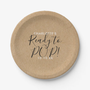 Ready to Pop Baby Shower Rustic Kraft Chic Script Paper Plate