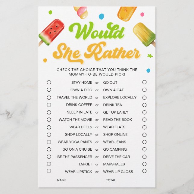 Ready to Pop Baby Shower Would She Rather Game (Front)