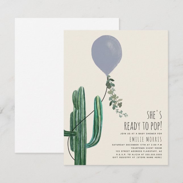 Ready to Pop Balloon Cactus Blue Baby Shower  Invitation (Front/Back)