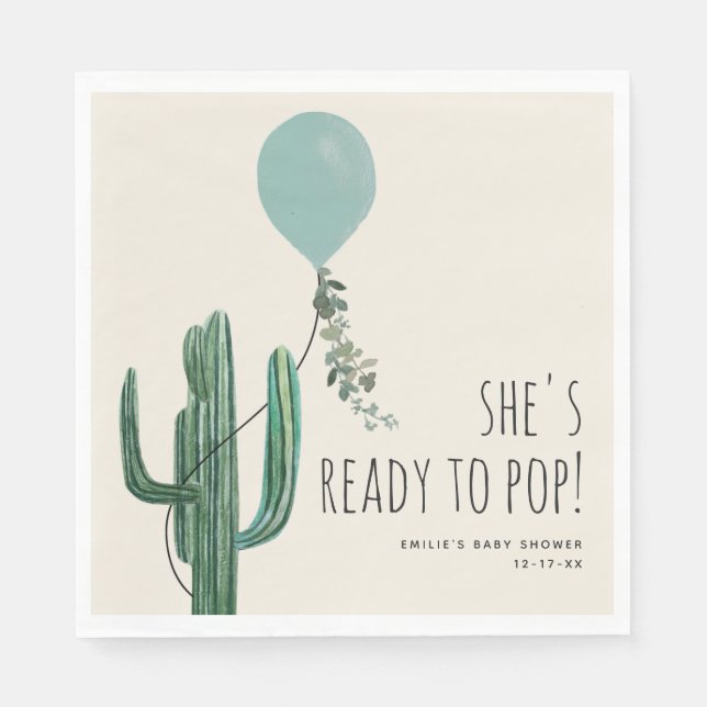 Ready to Pop Balloon Cactus Blue Boy baby shower Napkin (Front)