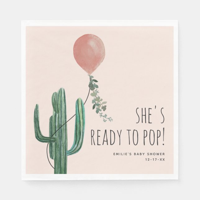Ready to Pop Balloon Cactus Pink Baby Shower Napkin (Front)