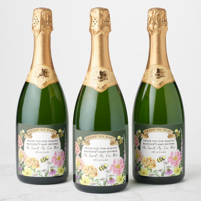 Ready to Pop Bee and Wildflower Baby Shower Sparkling Wine Label (Bottles)