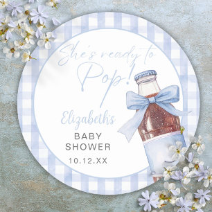Ready To Pop Blue Bow Soda Bottle Baby Shower Classic Round Sticker