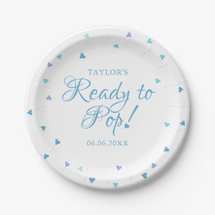 Ready to Pop Blue Love Hearts Baby Boy Shower Paper Plate