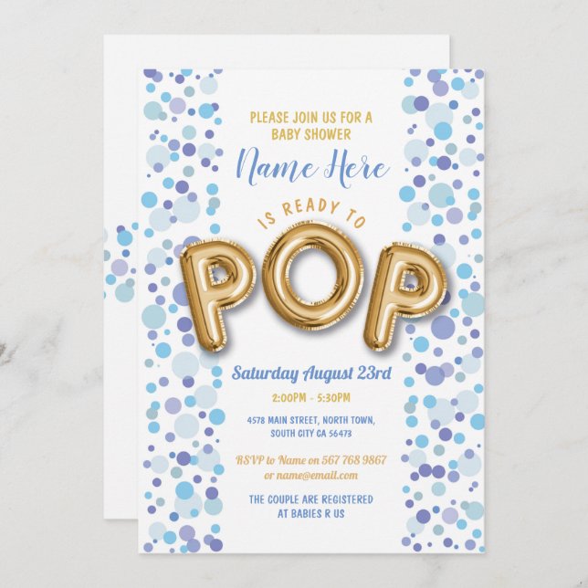 Ready to POP Boy Baby Shower Gold & Blue Invite (Front/Back)