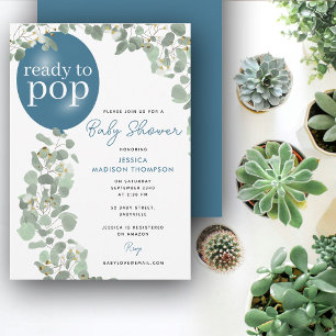 Ready to Pop Boy Eucalyptus Balloon Baby Shower Invitation