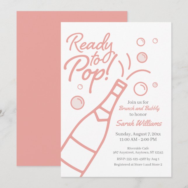 Ready to Pop Brunch and Bubbly Rosé Baby Shower Invitation (Front/Back)