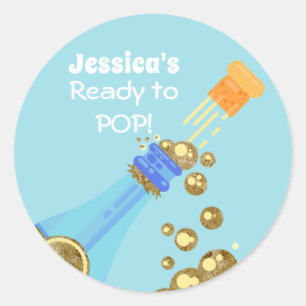 Ready to Pop Champagne Baby Blue Shower Favour Classic Round Sticker