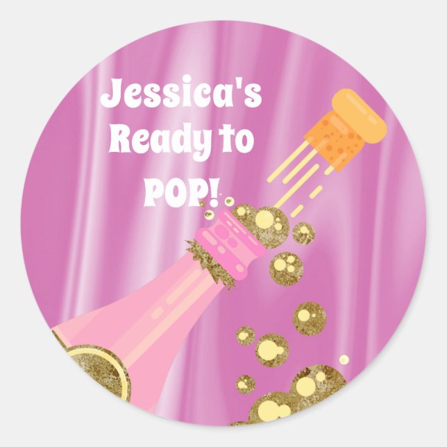 Ready to Pop Champagne Pink Baby Shower Favour Classic Round Sticker (Front)