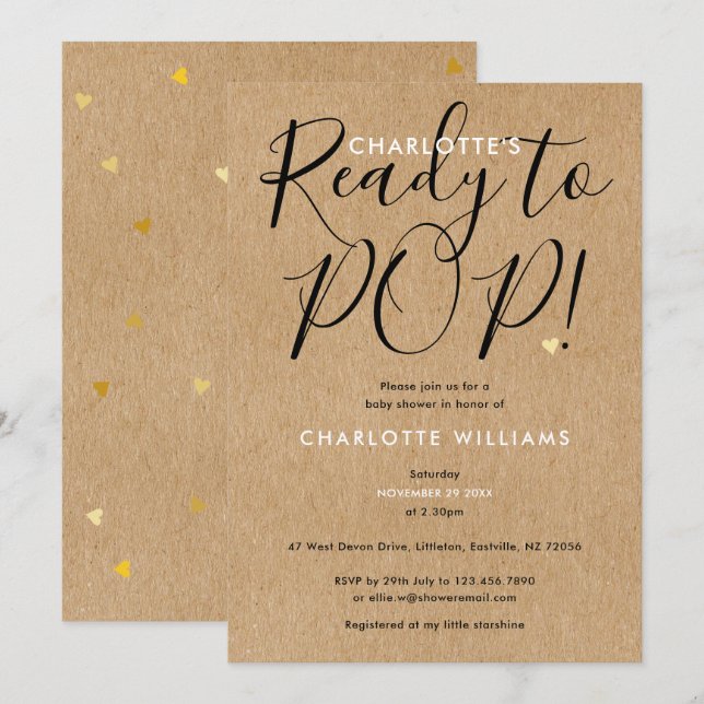 Ready To Pop Chic Script Rustic Kraft Baby Shower Invitation (Front/Back)