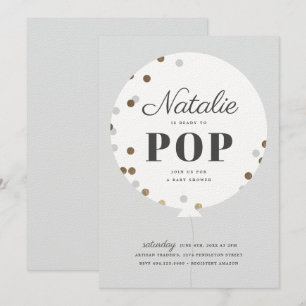 Ready to pop confetti balloon grey baby shower invitation