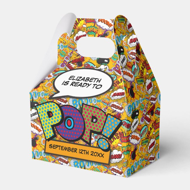 Ready To Pop Fun Modern Comic Book Baby Shower Favor Box (Front Side)