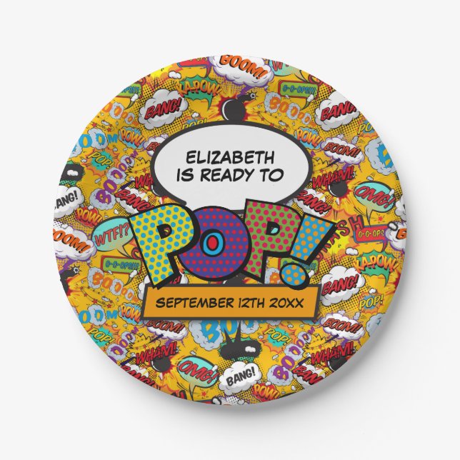 Ready To Pop Fun Modern Comic Book Baby Shower Paper Plate (Front)