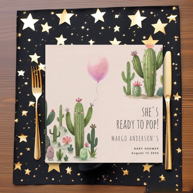 Ready to Pop Girl Balloon Cactus Green Baby Shower Napkin (Creator Uploaded)