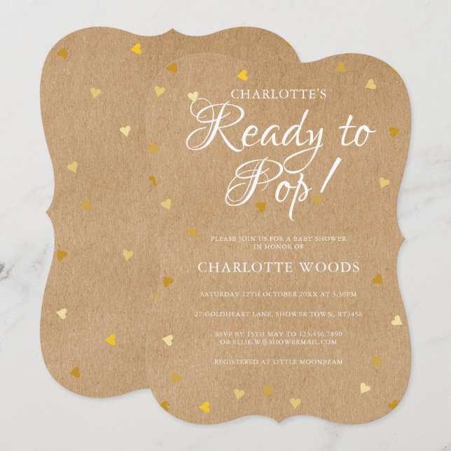Ready To Pop Gold Hearts Baby Shower Rustic Kraft Invitation (Front/Back)