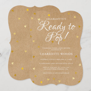 Ready To Pop Gold Hearts Baby Shower Rustic Kraft Invitation