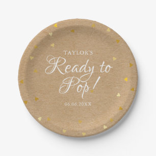 Ready To Pop Gold Hearts Baby Shower Rustic Kraft Paper Plate