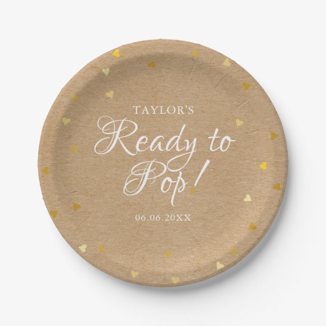 Ready To Pop Gold Hearts Baby Shower Rustic Kraft Paper Plate (Front)