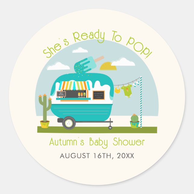 Ready To Pop Ice Pop Truck Camper Blue Baby Shower Classic Round Sticker (Front)