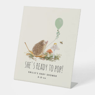 Ready to Pop Mushrooms Hedgehog Baby Shower Green Pedestal Sign