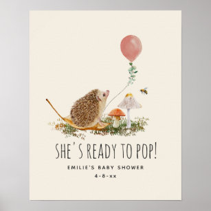 Ready to Pop Mushrooms Hedgehog Baby Shower Pink Poster