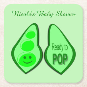 Ready to Pop Pregnant Green Pea Baby Shower Square Paper Coaster