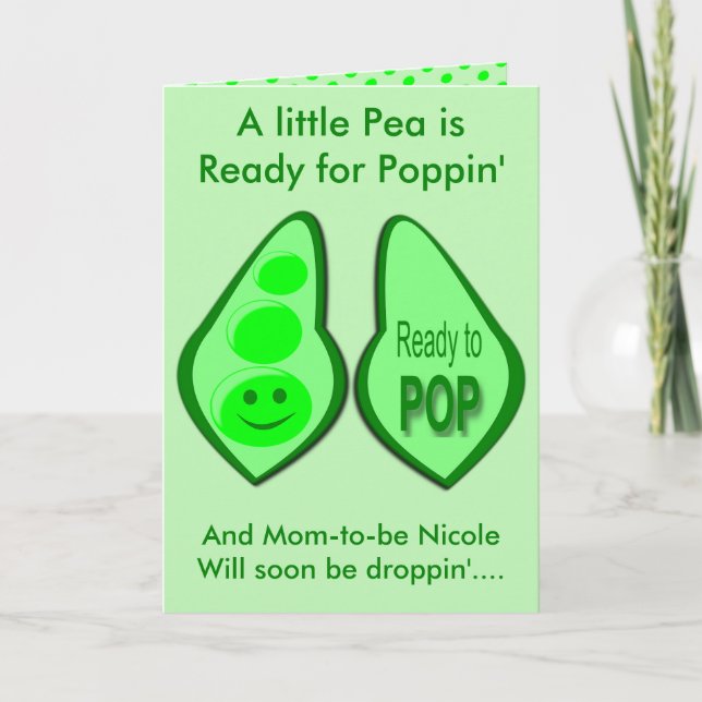 Ready to Pop Pregnant Green Pea Gender Reveal Card (Front)